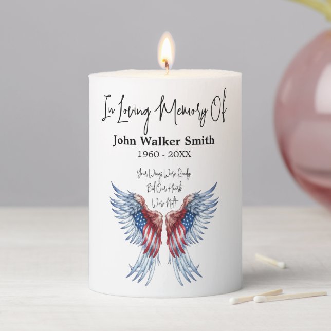 Personalized In Memory Patriotic Angel Wings Pillar Candle (In Situ)