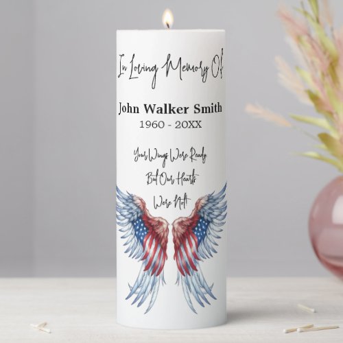 Personalized In Memory Patriotic Angel Wings Pillar Candle