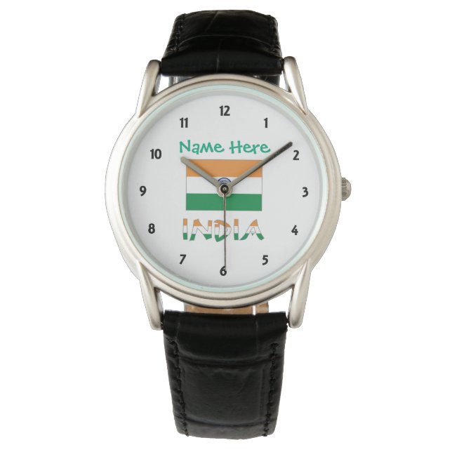 Personalized India Flag Black Leather Gift Watch (Front)