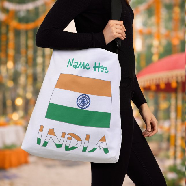 Personalized India Flag Crossbody Bag   (Personalized crossbody bag with Indian flag, INDIA in flag colors, and name above in green text.)