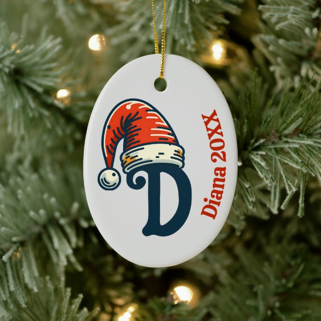 Personalized Inital Letter Name and Year Santa Hat Ceramic Ornament (Tree)