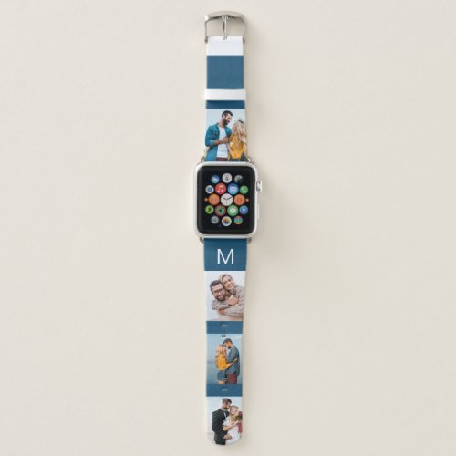 Personalized Initial and 4 Photo Collage Blue Apple Watch Band