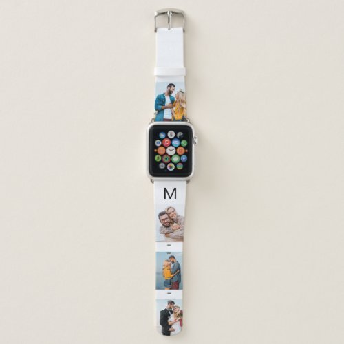 Personalized Initial and 4 Photo Collage White Apple Watch Band