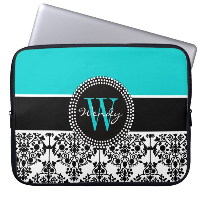 Personalized Initial Aqua Black Damask Laptop Sleeve (Front)