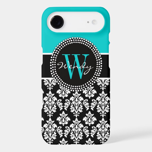 Personalized Initial Aqua Black Damask Pattern Case-Mate iPhone Case (Back)