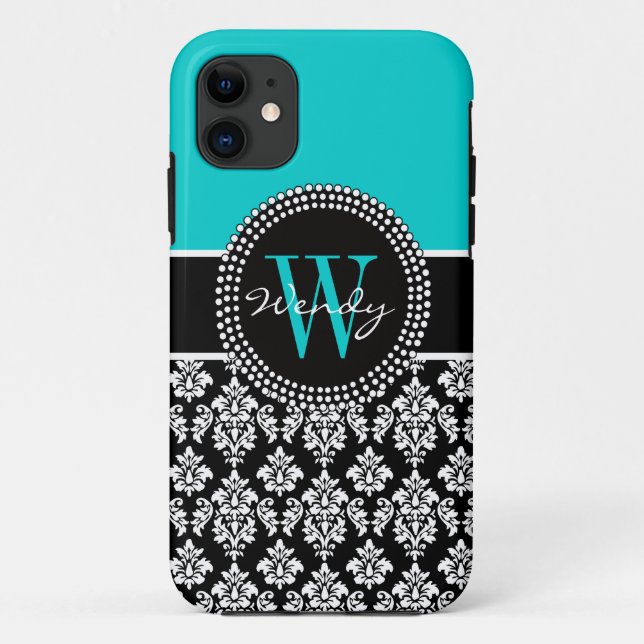 Personalized Initial Aqua Black Damask Pattern Case-Mate iPhone Case (Back)