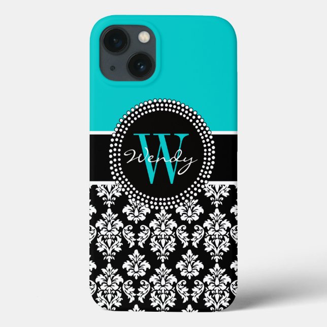 Personalized Initial Aqua Black Damask Pattern Case-Mate iPhone Case (Back)