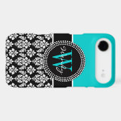 Personalized Initial Aqua Black Damask Pattern Case-Mate iPhone Case (Back (Horizontal))