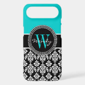 Personalized Initial Aqua Black Damask Pattern Case-Mate iPhone Case (Back)