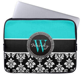 Personalized Initial Aqua Black Damask Pattern Laptop Sleeve