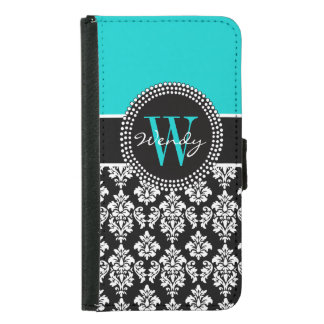 Personalized Initial Aqua Black Damask Pattern Wallet Phone Case For Samsung Galaxy S5
