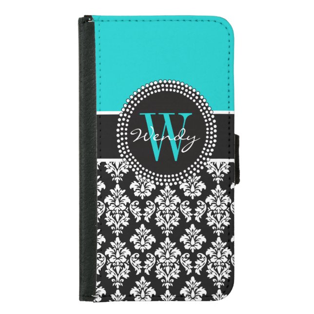 Personalized Initial Aqua Black Damask Pattern Samsung Galaxy Wallet Case (Front)