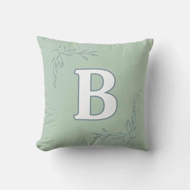 Personalized Initial B Sage & Leaves Throw Pillow (Front)