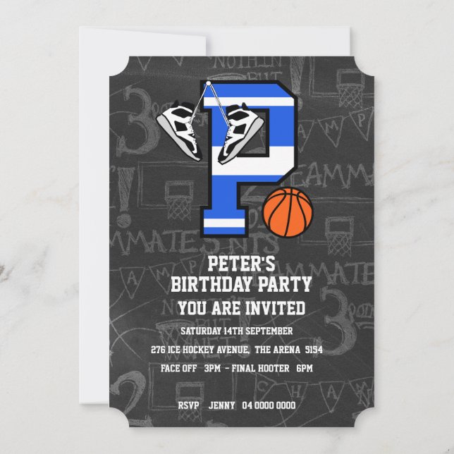 Personalized Initial Basketball Letter P Invitation (Back)