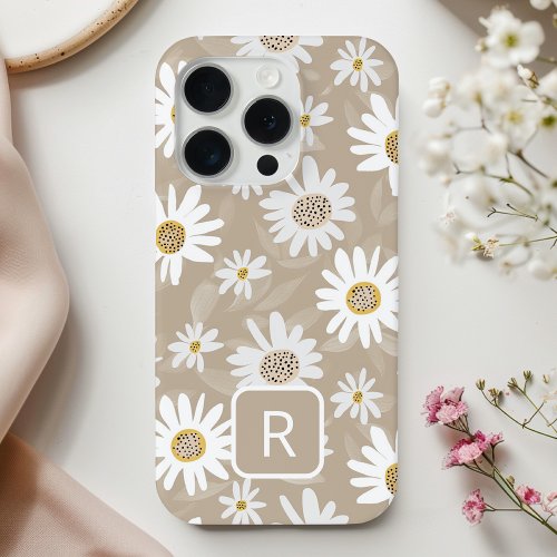 Personalized Initial Daisy Pattern Beige  iPhone 15 Pro Case
