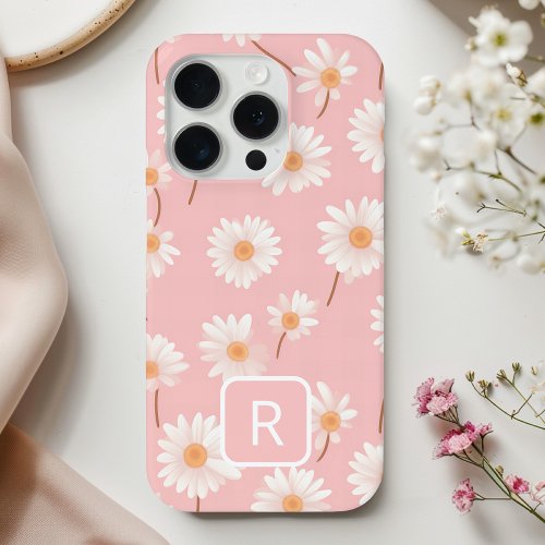 Personalized Initial Daisy Pattern on Soft Pink  iPhone 15 Pro Case