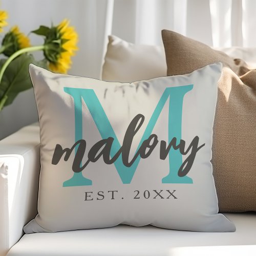 Personalized Initial Family Name Teal Throw Pillow
