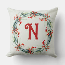 Personalized Initial Festive Wreath Throw Pillow