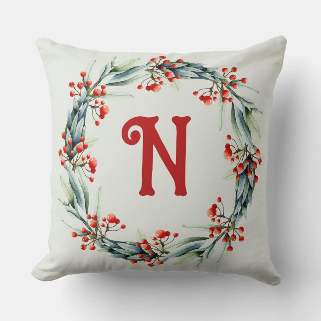 Personalized Initial Festive Wreath Throw Pillow (Front)