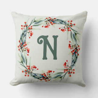 Personalized Initial Festive Wreath Throw Pillow