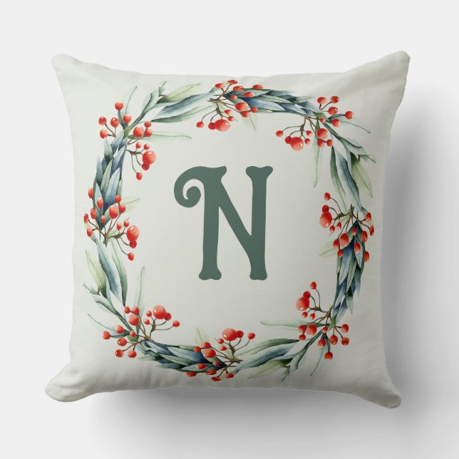 Personalized Initial Festive Wreath Throw Pillow (Front)