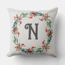 Personalized Initial Festive Wreath Throw Pillow