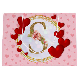 Personalized Initial Floral Monogram and Red Heart Large Gift Bag