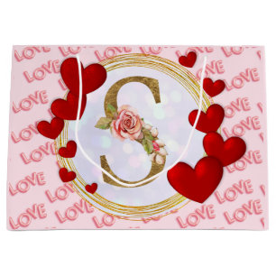 Personalized Initial Floral Monogram and Red Heart Large Gift Bag
