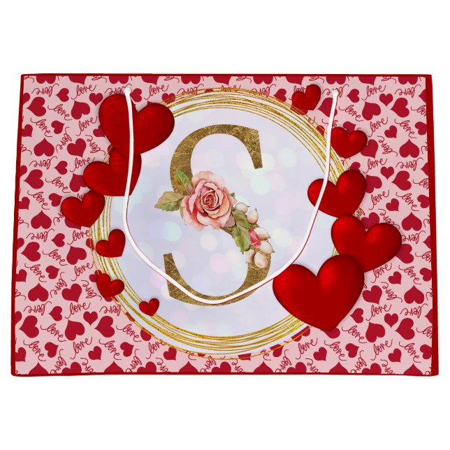 Personalized Initial Floral Monogram and Red Heart Large Gift Bag (Front)