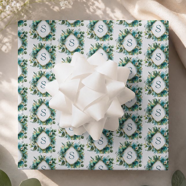 Personalized Initial Floral Monogram Wrapping Paper Sheets (Botanical Frame Monogram Wrapping Paper)