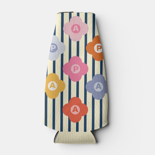 Personalized Initial Floral Stripes Multicolor Bottle Cooler (Front)