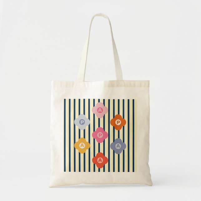 Personalized Initial Floral Stripes Multicolor Tote Bag (Front)