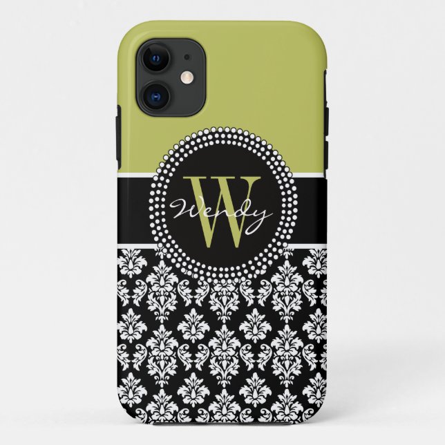 Personalized Initial Green Black Damask Case (Back)
