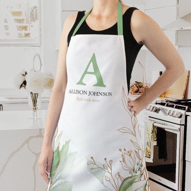 Personalized Initial Green Watercolor Apron (Creator Uploaded)