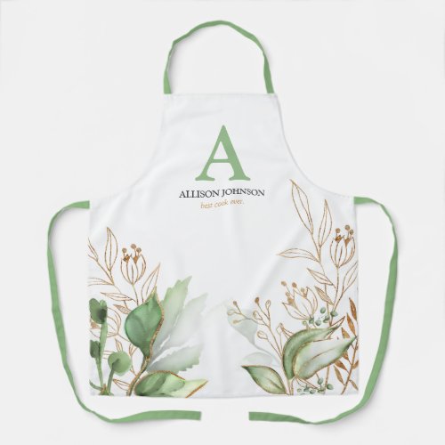 Personalized Initial Green Watercolor Apron - Custom baking cooking apron featuring elegant green and gold watercolor botancial foliage, your initial, name, and a personalized quote.