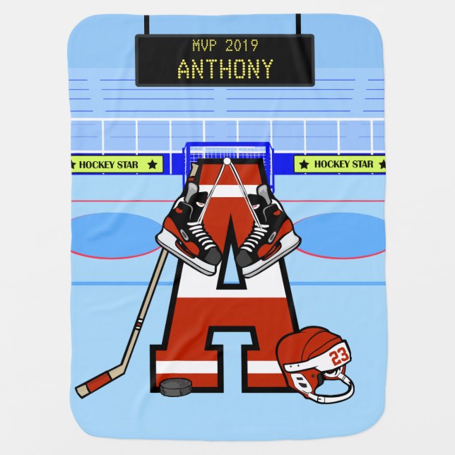 Personalized Initial Ice Hockey Baby Blanket (Front)