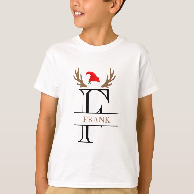  Personalized Initial Letter F Santa Hat Antlers T-Shirt (Front)