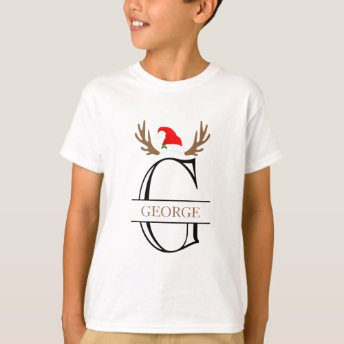  Personalized Initial Letter G Xmas Hat Antlers  T_Shirt