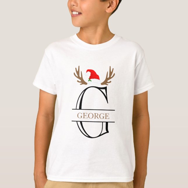  Personalized Initial Letter G Xmas Hat Antlers  T-Shirt (Front)