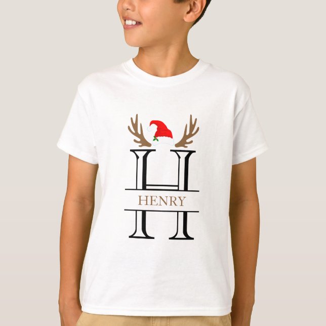 Personalized Initial Letter H Split Monogram Xmas T-Shirt (Front)