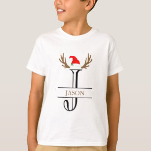 Personalized Initial Letter J Santa Hat Antlers T-Shirt