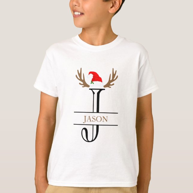  Personalized Initial Letter J Santa Hat Antlers T-Shirt (Front)