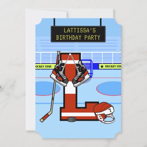 Personalized Initial letter L Ice Hockey Invitation