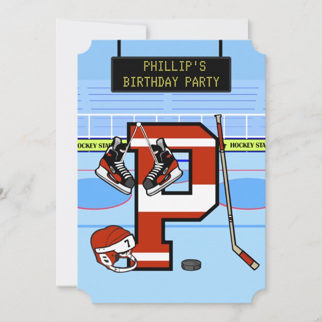 Personalized Initial letter P Ice Hockey Invitation (Front)