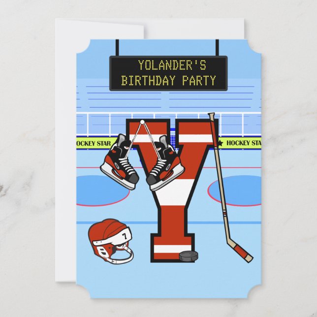 Personalized Initial letter Y Ice Hockey Invitation (Front)