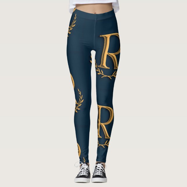 Personalized Initial Monogram in Gold on Navy Leggings (Front)