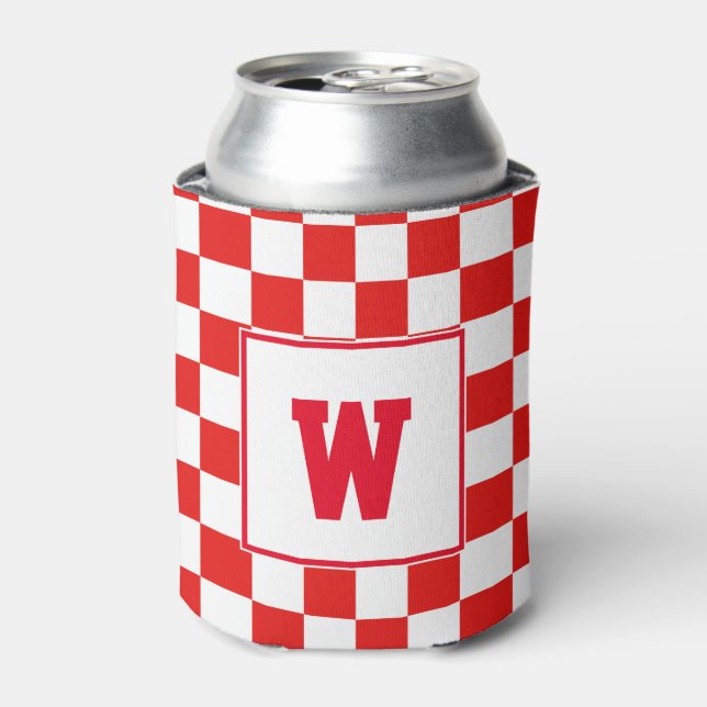 Personalized Initial Monogram Red Checkerboard Can Cooler (Can Front)