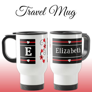 Personalized initial name red black travel mug