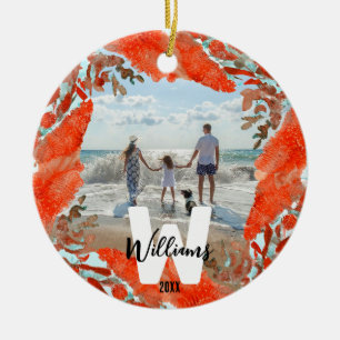 Personalized Initial, Name, & Year Red Coral Ceramic Ornament