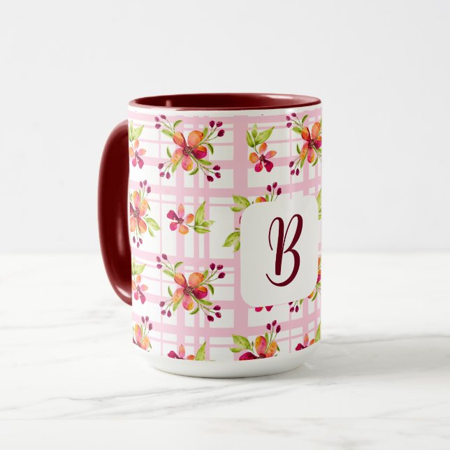 Personalized Initial on Red Berry Blooms Plaid Mug (Front Left)